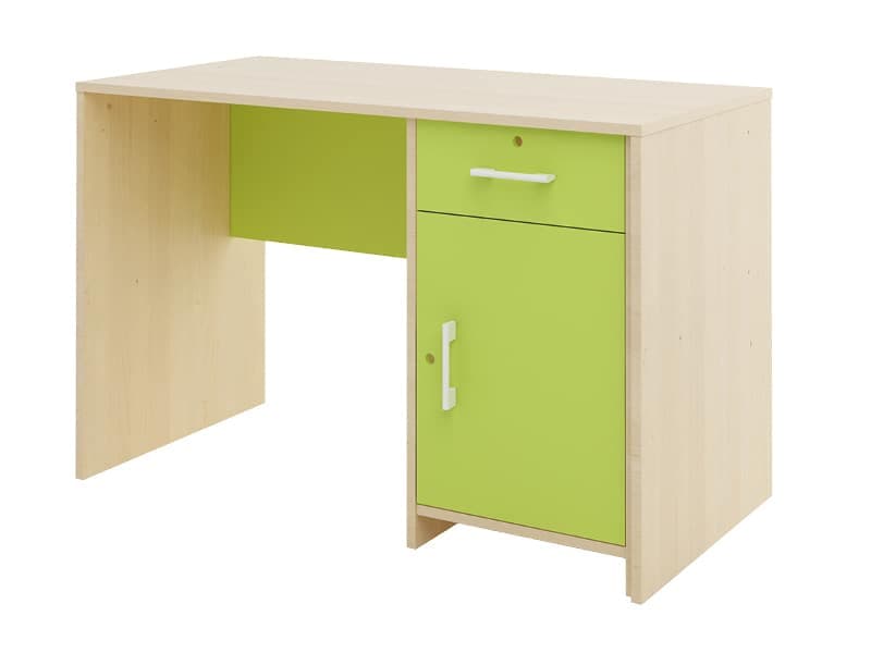 Bureau Prof – bouleau avec porte et tiroir verts