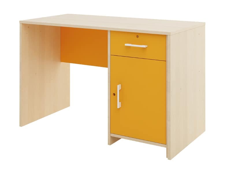 Bureau Prof – bouleau avec portes et tiroir orange