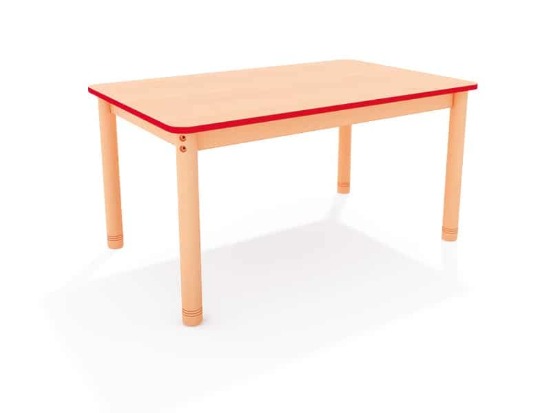 Table en bois rectangulaire classique. Couleur plateau en bois et bordure rouge