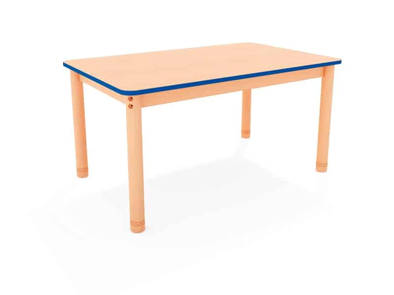 Table en bois rectangulaire classique. Couleur plateau en bois et bordure bleu