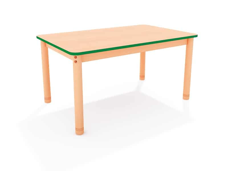 Table en bois rectangulaire classique. Couleur plateau en bois et bordure vert